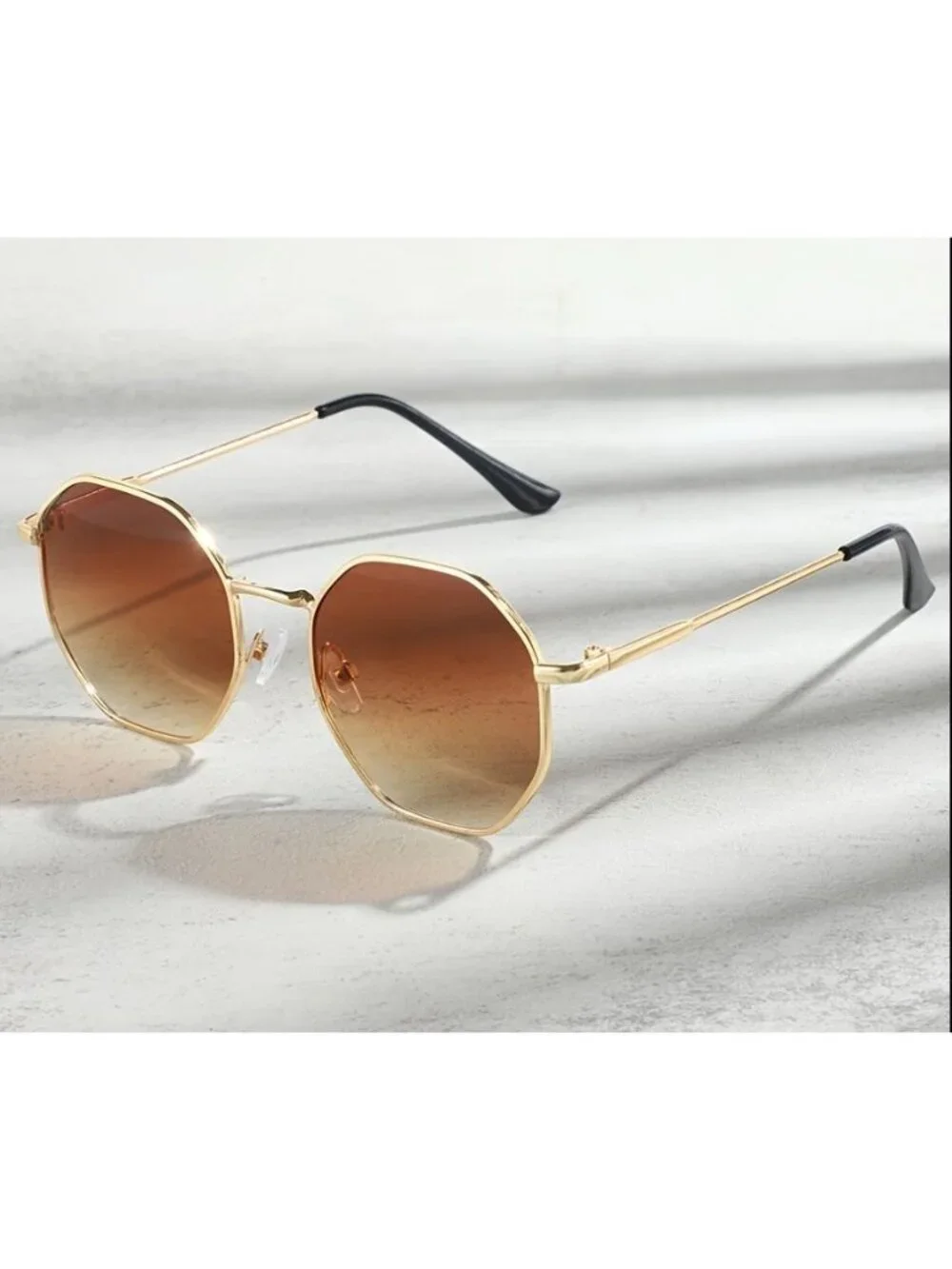Unisex Octagonal Gold Metal Frame Gradient Brown Tea Lens Sunglasses